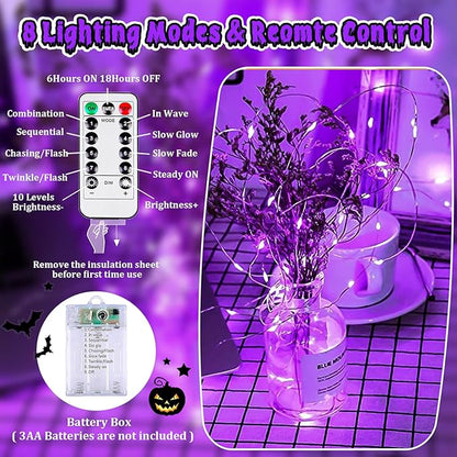 3 Pack Fairy Lights Battery Operated with Remote & Timer, 26 FT 80 LED Halloween String Lights Outdoor Indoor Decoration, 8 Modes Twinkle Lights for Halloween Party Christmas Bedroom Décor (Purple)