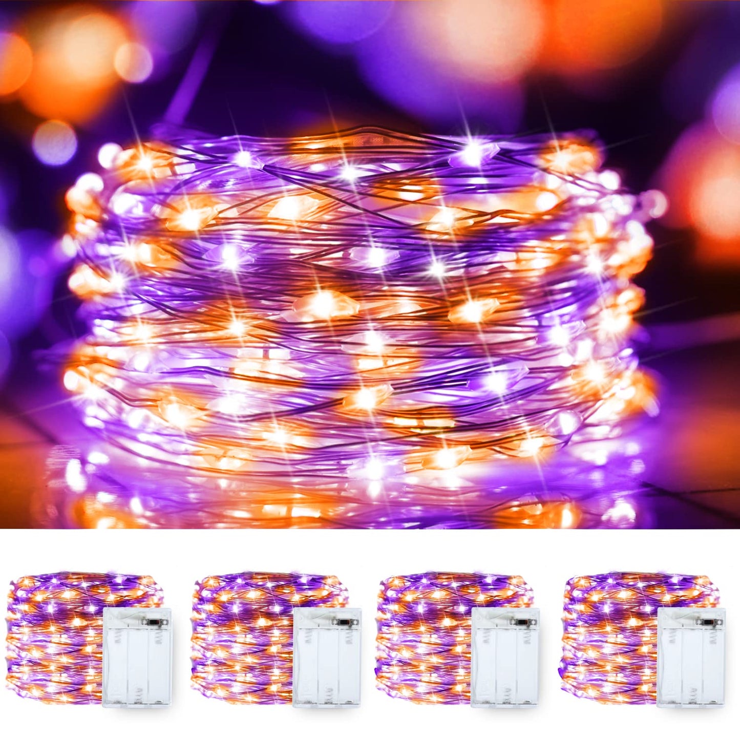 Halloween Fairy Lights Purple&Orange, 400LED Copper String Lights Waterproof Gothic Twinkle Lights for Home, Bedroom, Garden, Patio, Outdoor, Christmas Decor- 4 Pack 100LED Purple and Orange