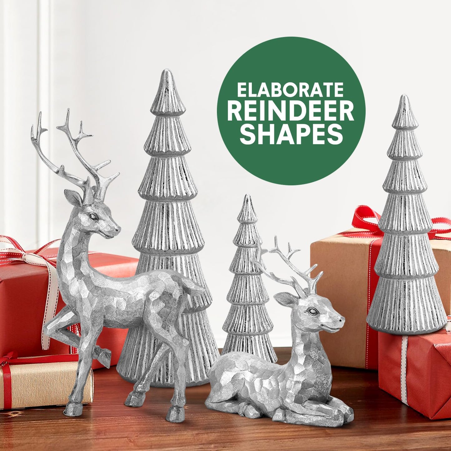 Hommtina Reindeer Christmas Decoration and Mini Christmas Trees,Christmas Reindeer Statues Lucky Reindeer Decor for Indoor Home Decor Tabletop Mantle Cabinet Desktop Office (Bright Silver)