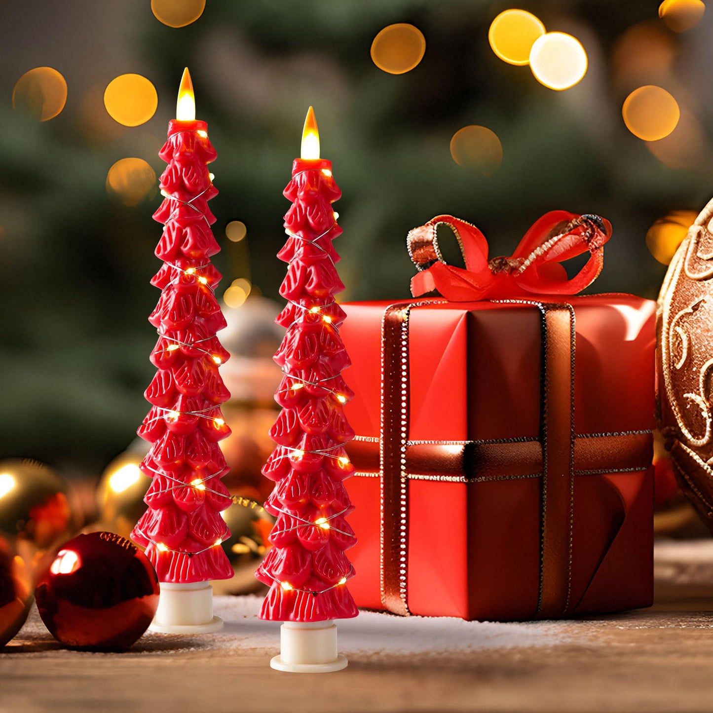 Da by 2 Pack Red Christmas Tree LED Taper Candles, Flameless Candles with Surrounding Copper String Lights, Upgraded Realistic Flickering Flame, Battery Operated with Remote for Christmas Home Decor