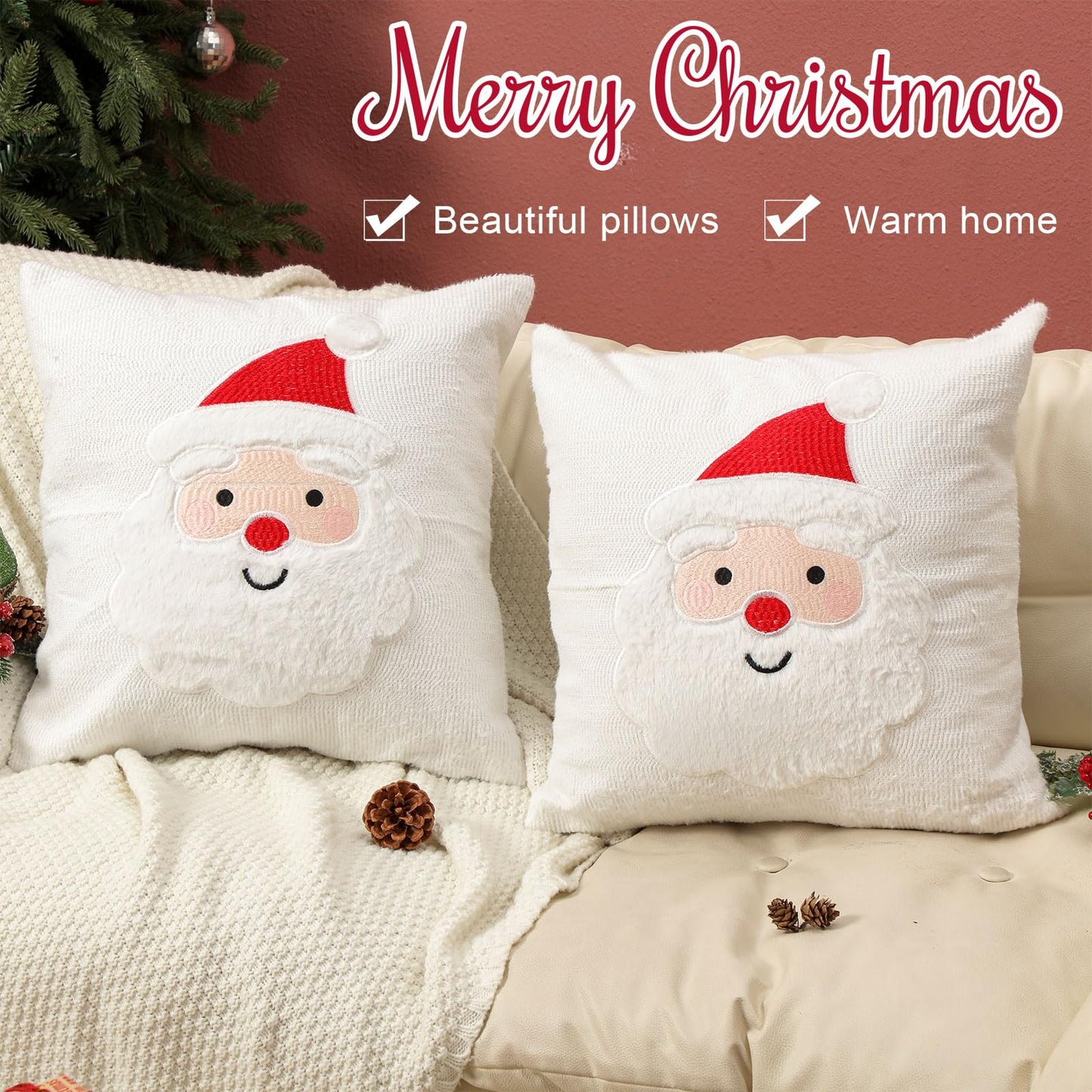 Tranqun 2 Pcs Christmas Pillow Covers, Santa Claus Square Embroidered Throw Pillow Covers for Christmas Winter Decoration for Bed and Sofa (18x18 Inch)