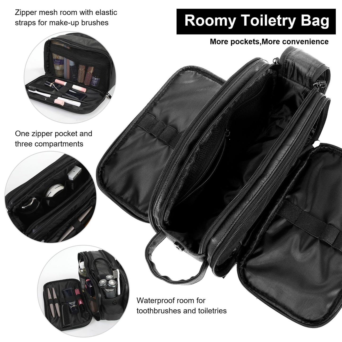 Ezday Toiletry Bag for Men and Women, Travel Essentials Shaving Dopp Kit, Travel Bag Toiletries Organizer Case for Grooming, PU Leather Water Resistant Cosmetic Bag Pouch (Black, Medium)