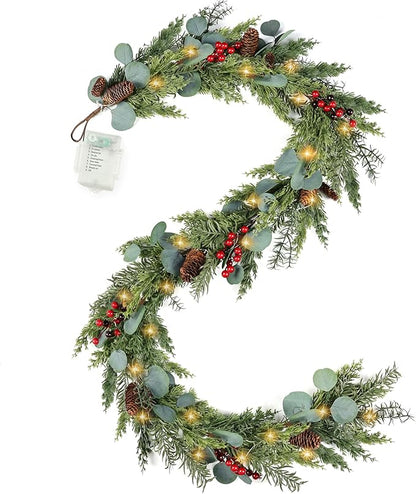 6ft Christmas Garland with Lights Artificial Cedar Cypress Garland with Pine Cones Garland for Home Fireplace Wall Indoor Outdoor Holiday Party Decoration