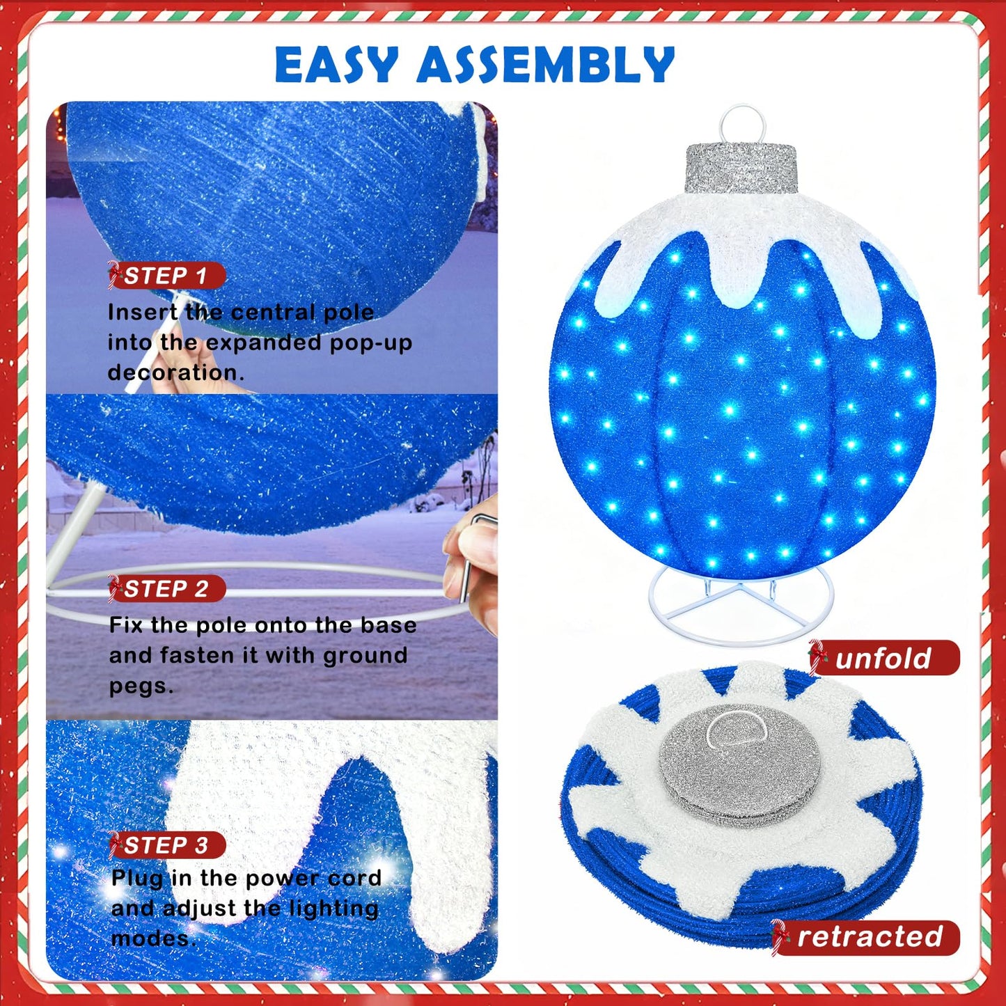 Outdoor Christmas Ball Ornaments, Collapsible Pop-Up Lighted Christmas Decorations with 80 Bright LED Lights, 8 Light Modes, Weatherproof Large Holiday Ball Decor for Yard, Lawn, Home（Red/Green/Blue）