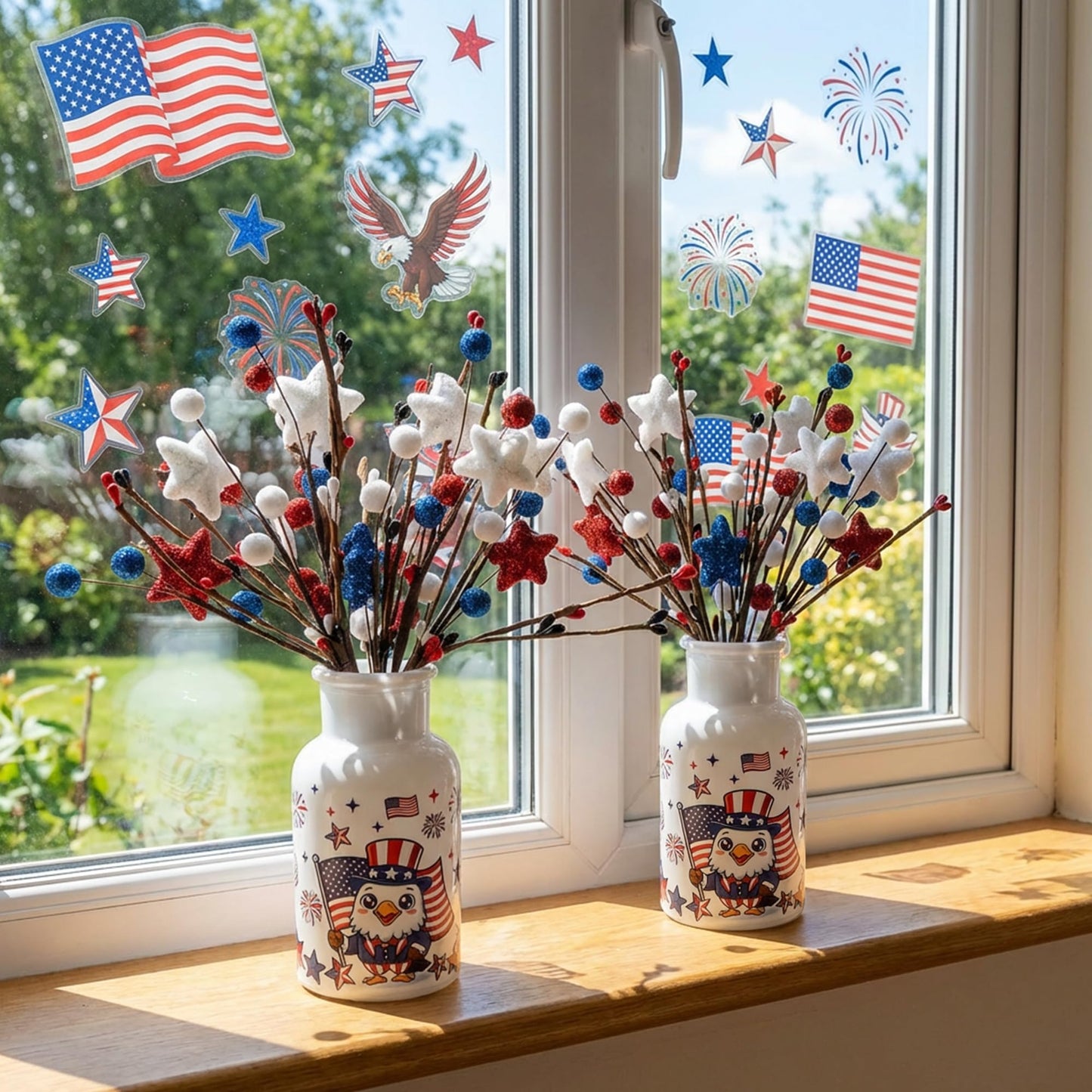 Watayo 2 Set Patriotic Artificial Flower Stems with Glass Vase, 4th of July Artificial Berry Stem Picks, Faux Red White Blue Branches Table Centerpiece for Independence Memorial Day Home Decor