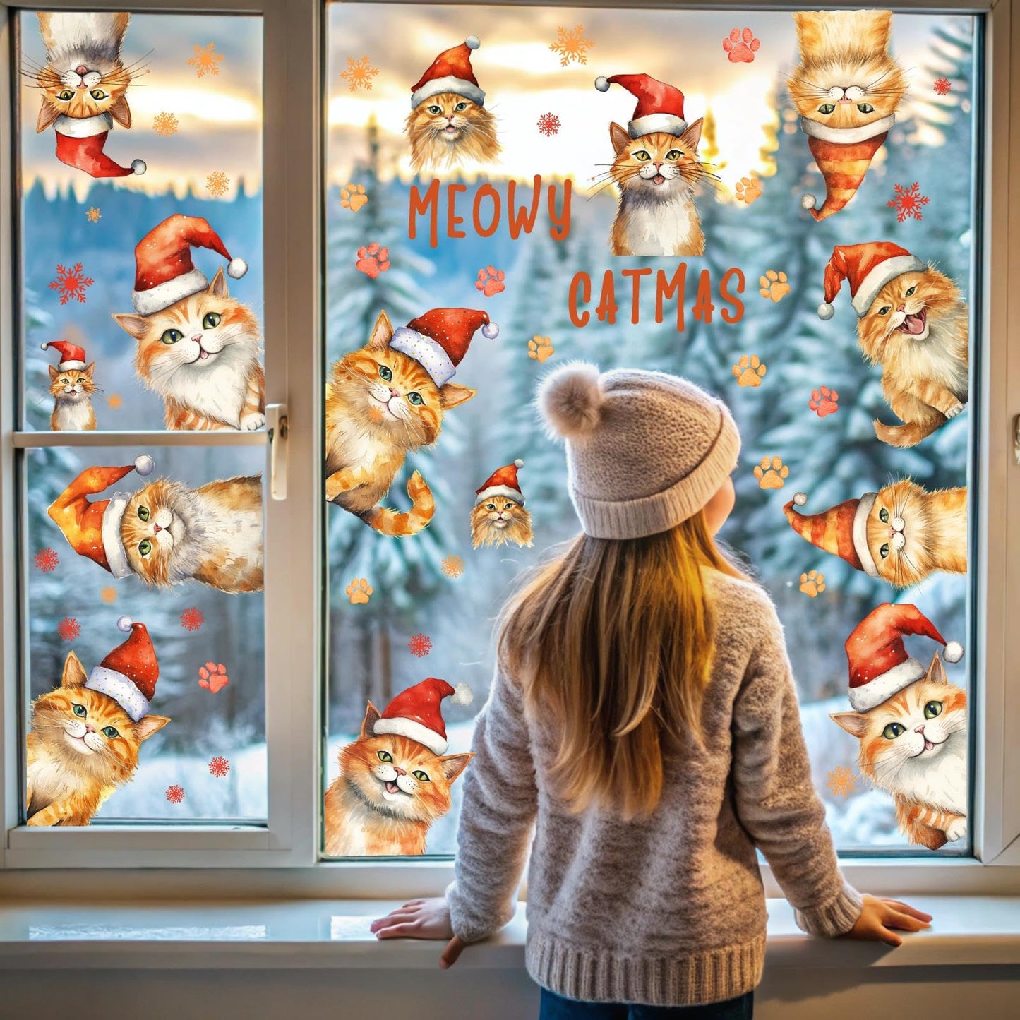Christmas Window Clings Decoration Indoor Xmas Cat Stickers Double-Sided Merry Christmas Window Decals for Glass Windows Xmas Snowflake Decals for Winter Holiday Kids Bedroom Home Party Supplies