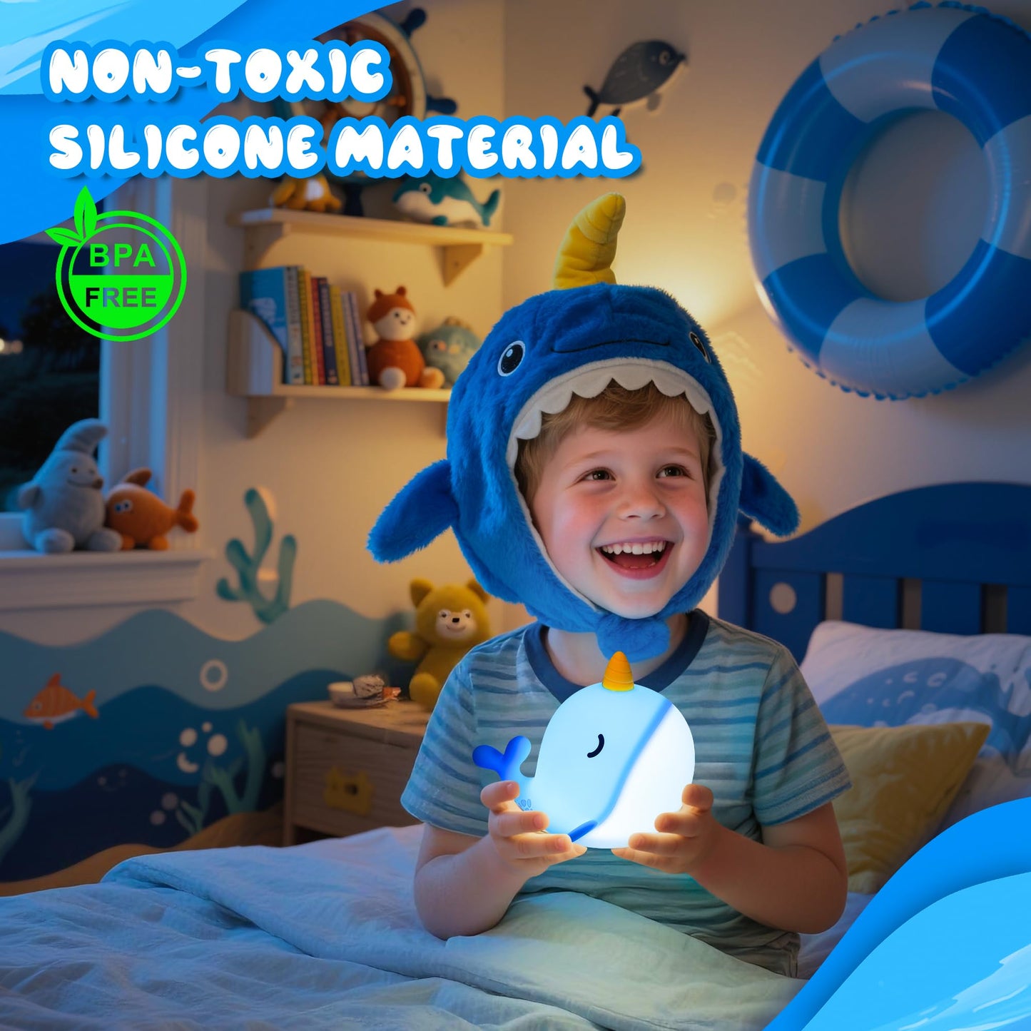 Ammonite Blue Narwhal Night Light, Soft Silicone Whale Nursery Lamp with 3 Dimming Levels and 30-Minute Timer, Touch Control Nightlight for Bedroom Decor, Christmas Birthday Gift