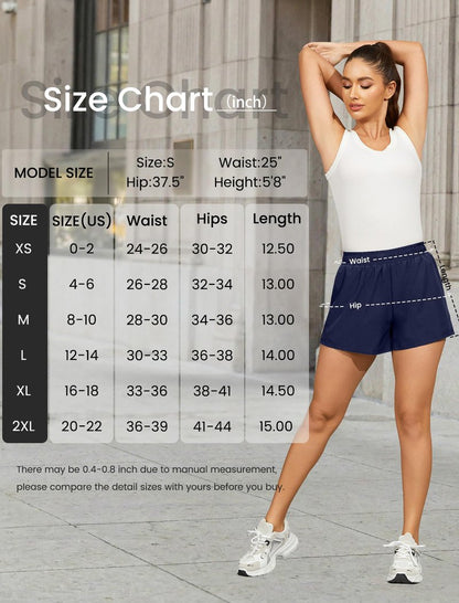 FireSwan Athletic Shorts for Women 2 in 1 High Waisted Quick Dry Running Workout Gym Active with Pockets Navy Blue Medium