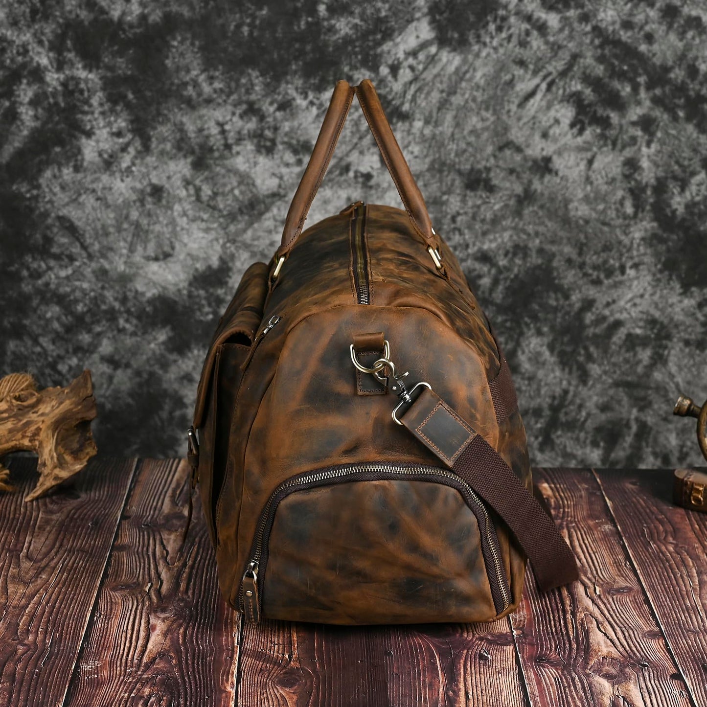 Handadsume Canvas + Leather Travel Luggage Tote Duffle Gym Suitcase Weekender Overnight Bag For Men Male FB8151 (8151-Dark Brown2)