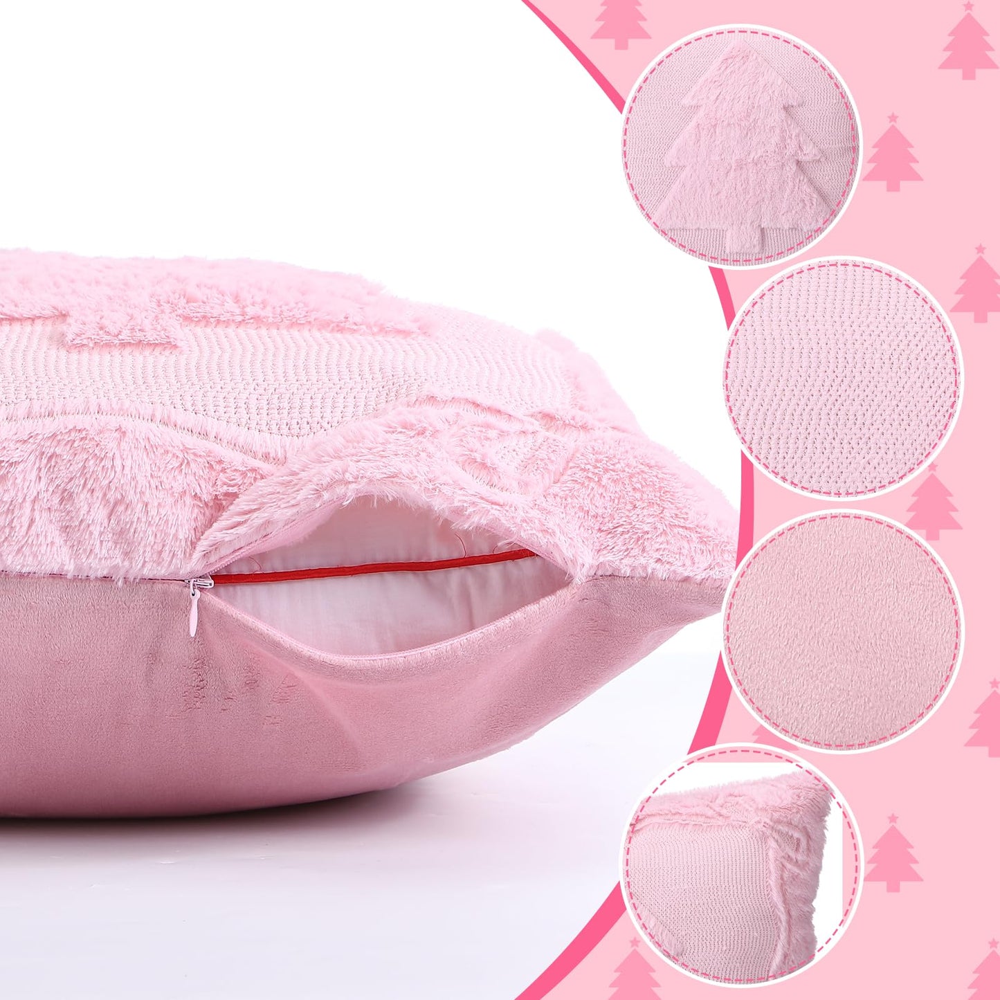 Remagr 2 Pack Christmas Tree Pink Pillow Covers 18 x 18 Inch Pink Bow Throw Pillow Covers Soft Plush Faux Fur Cushion Case for Christmas Bedroom Sofa Winter Home Holiday Decor