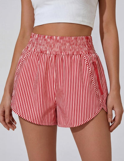 BMJL Women's Athletic Shorts High Waisted Running Short Pocket 2.5" Sporty Shorts Gym Elastic Workout Shorts(S,Red Striped)