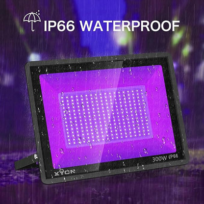 4 Pack 300W LED Flood Black Lights,395nm to 405nm UV Outdoor Flood High Power Blacklight Light with Plug in, IP66 Waterproof Large Black Light Spotlight for Glow Party Large Space, Halloween