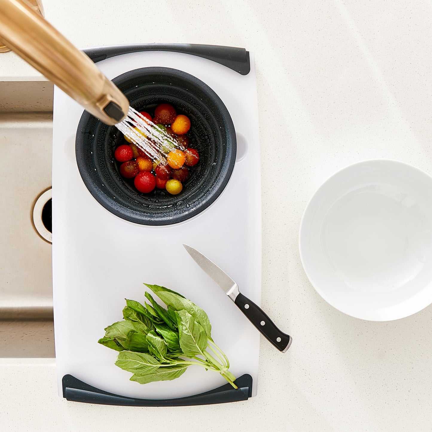 Dexas Over the Sink Poly Cutting Board with Collapsible Colander Strainer, 11.5 x 20", Natural/Gray