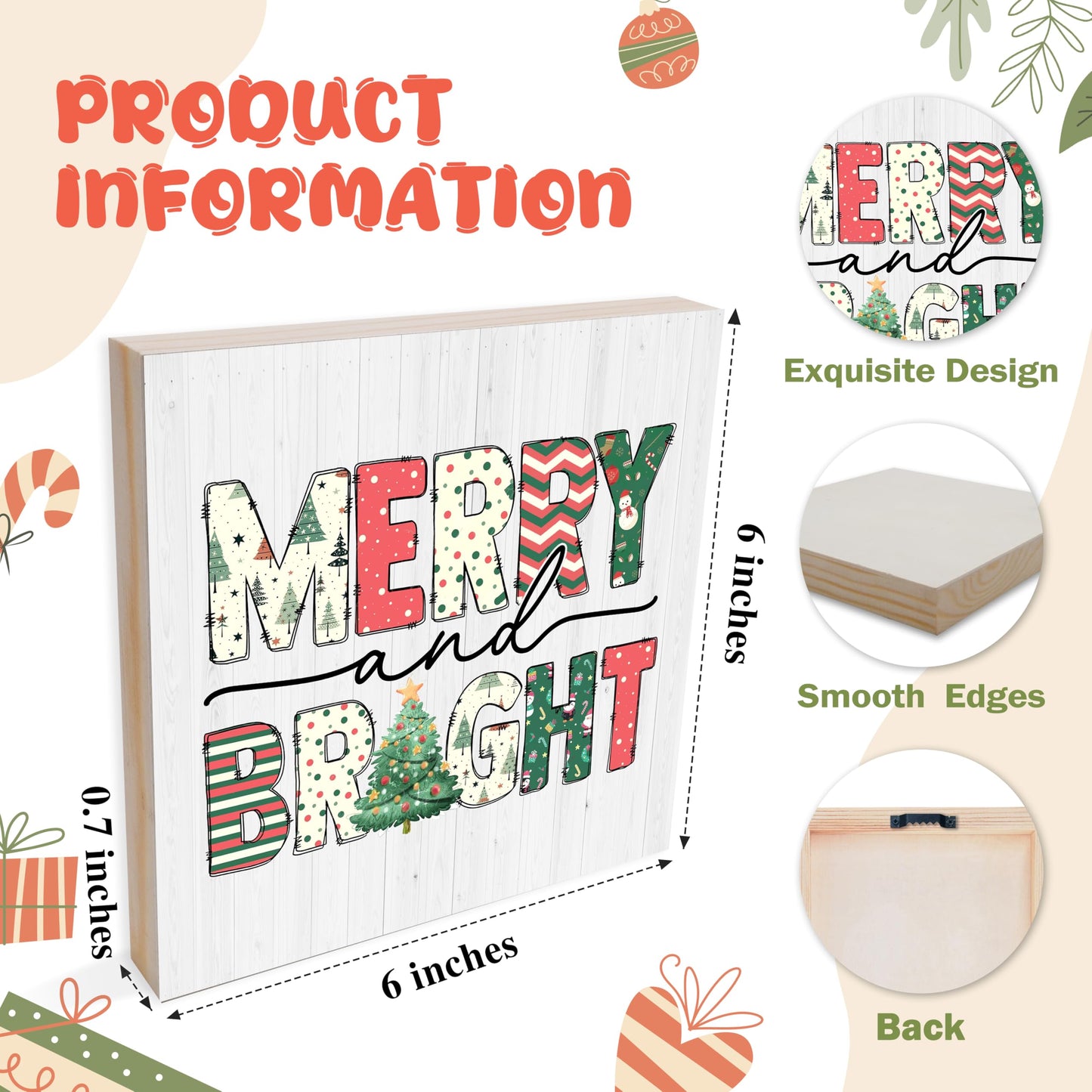 OXRUN Christmas Table Decorations, Merry and Bright Wooden Box Sign Decorative, Xmas Holiday Gifts for Women Men Home Office Shelf Decor 6 x 6 Inches - F07