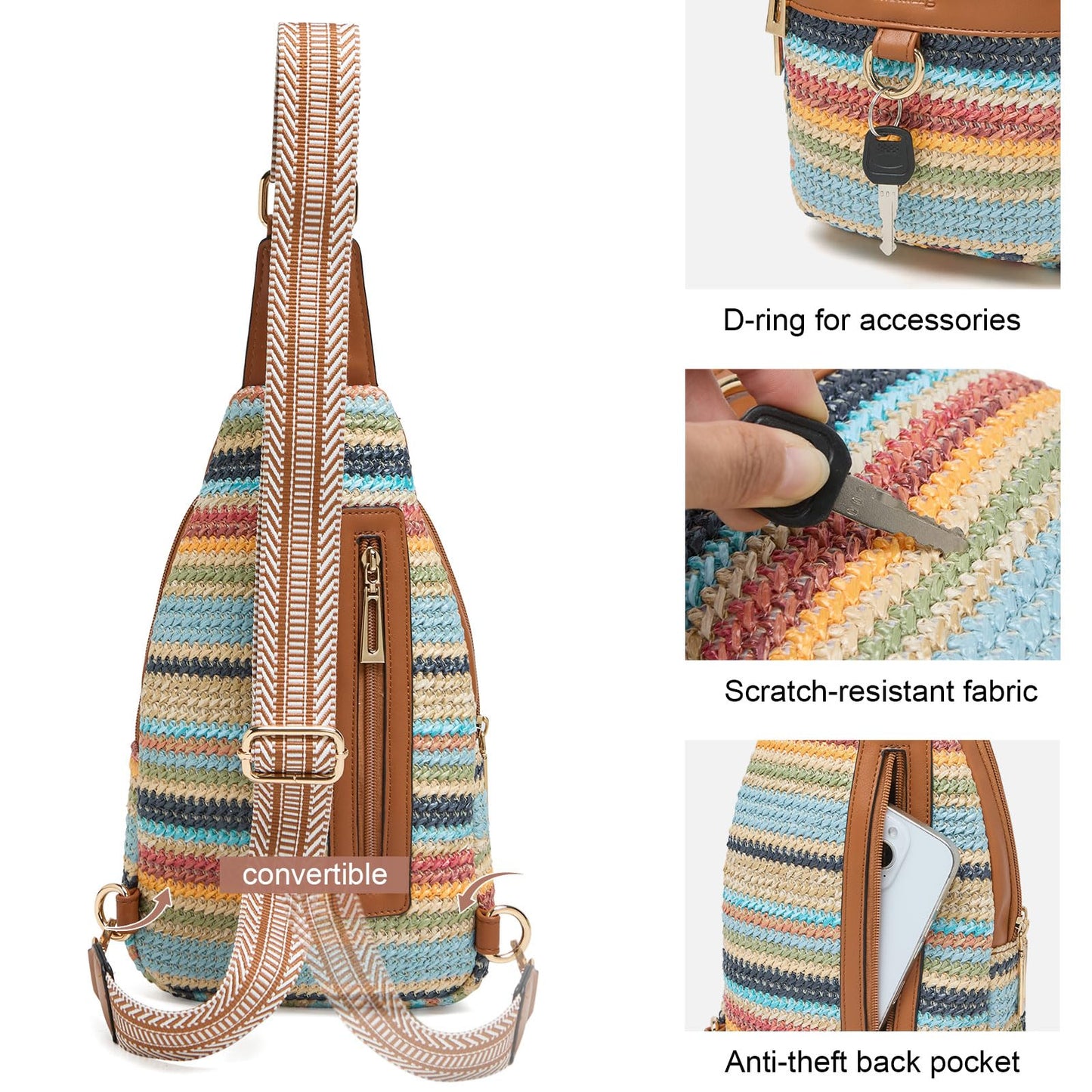 cakang 7L Straw Crossbody Bags for Women - Fashion Sling Chest Bag with Rainbow Woven Design, Lightweight Fanny Pack Travel Leather Shoulder Bag (Brown)