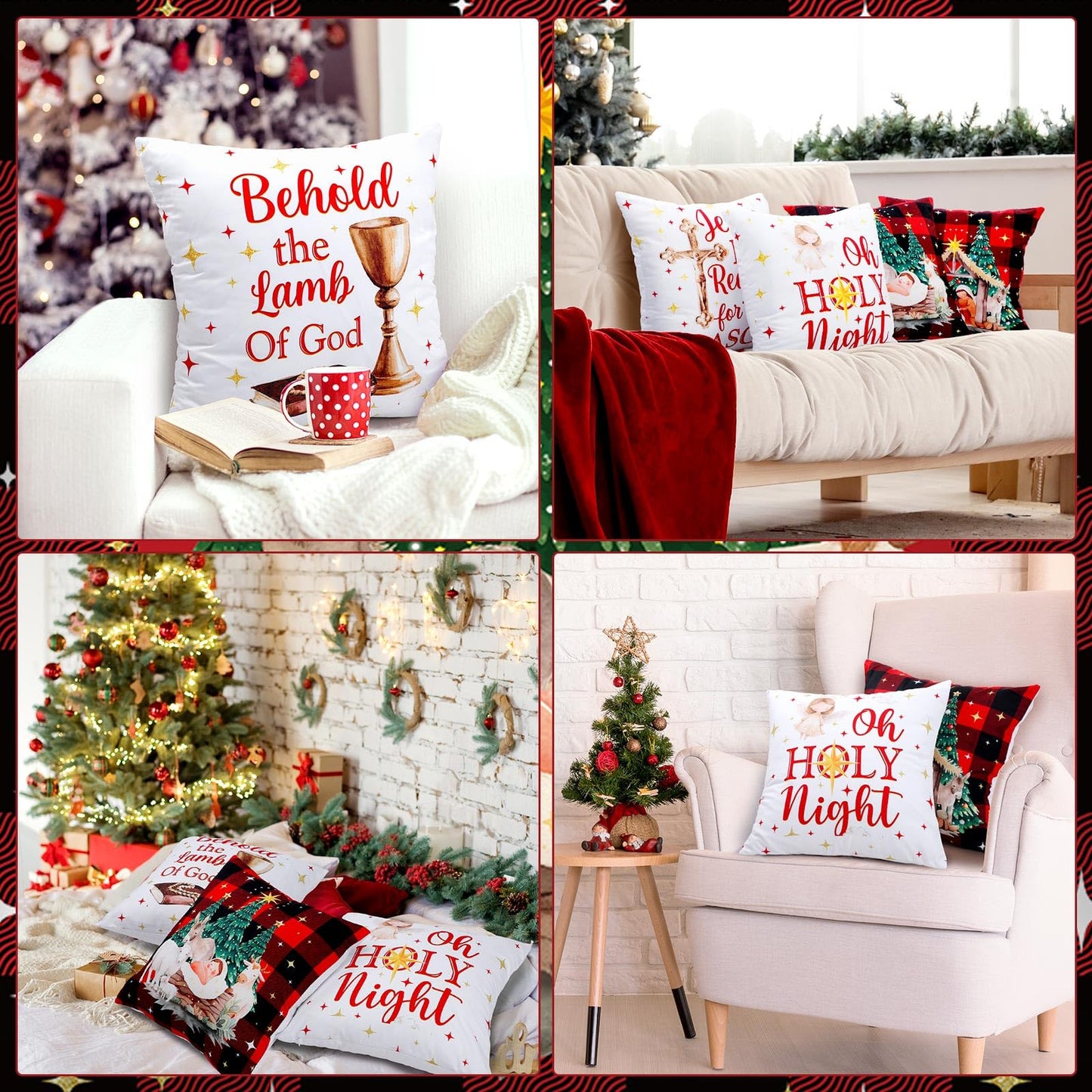 FuWeave 6 Pcs Christmas Pillow Covers 18 x 18 Inch Decorative Lime Green Red Xmas Pillow Cushion Case Pillowcase Square Christmas Pillow Covers for Home Sofa Couch Decorations (Nativity Scene)