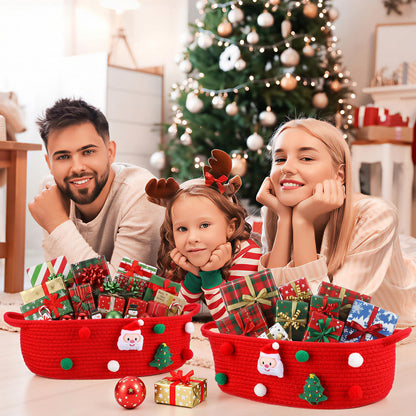 FoldTier 3 Pack Christmas Gift Basket Empty 15 x 9.9 x 5.1 Inch Santa Red Christmas Storage Bin with Handles, Woven Cotton Rope Basket for Gifts Holiday Treats Party Supplies, Home Xmas Decorations