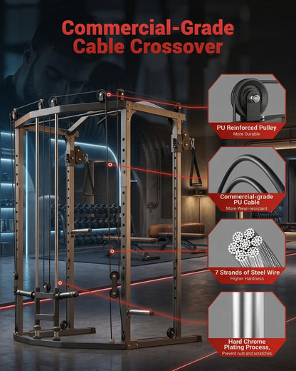 Garvee Power Cage with Cable Crossover System, 1600 Lb Capacity Carbon Steel Power Rack for Home Gym with LAT Pulldown Pulley System, j-Hooks, Dip Handles, Landmine Attachment