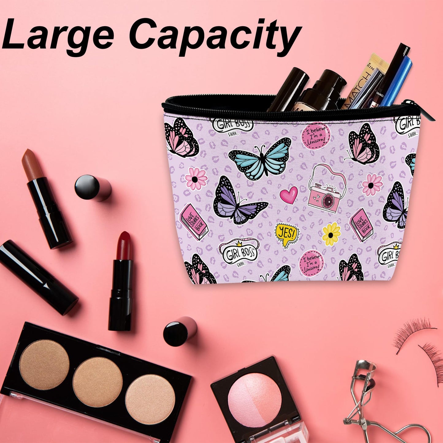 DEMACYA Makeup Bag for Purse, Waterproof Funny Cute Cartoon Butterflies Cosmetic Bag for Women, Zipper Travel Toiletry Pouch Gift 9.5×5.9 Inch
