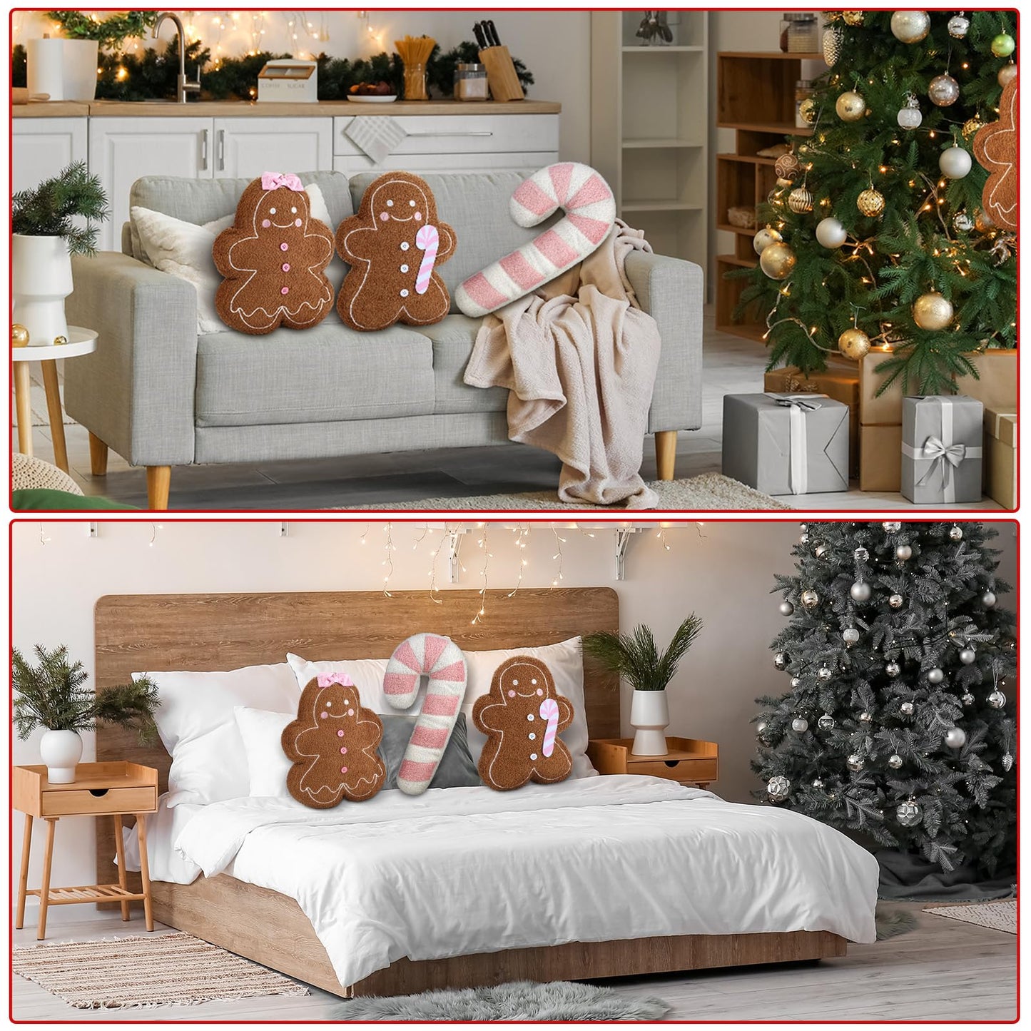 Oudain 3 Pcs Pink Christmas Gingerbread Pillows Pink Candy Cane House Man Throw Pillows Stuffed Gingerbread Shaped Pillow for Xmas Sofa Couch Cushion Bed Home Winter Party Decor