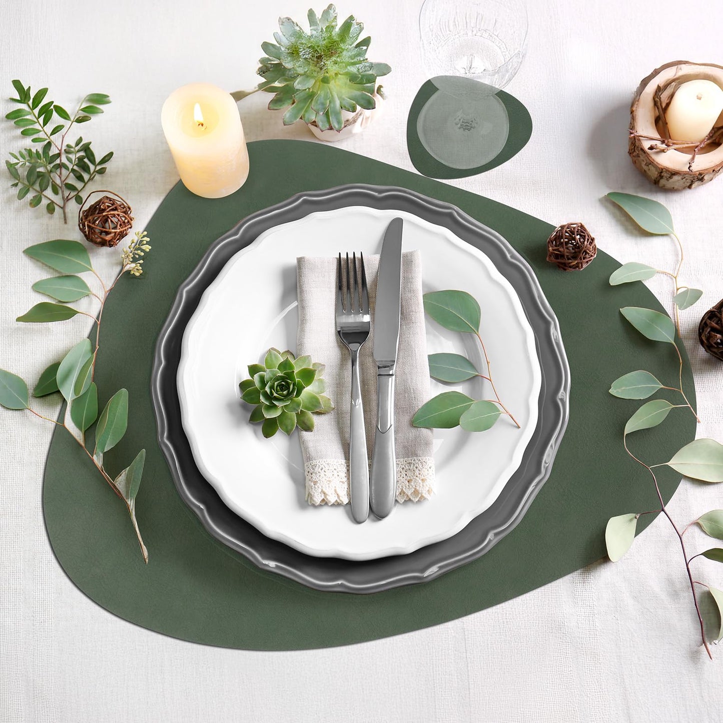 comfoyar Faux Leather Placemats with Coasters Set of 6, 13x16.5 Inch Non-Slip Dual-Sided Green Grey Place Mats, Washable Waterproof Table Mats for Indoor Kitchen Dining Party Table Decoration