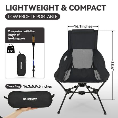 MARCHWAY Lightweight Folding High Back Camping Chair with Head Support, Stable Portable Compact for Outdoor Camp, Travel, Beach, Picnic, Festival, Hiking, Backpacking (Highback Black)
