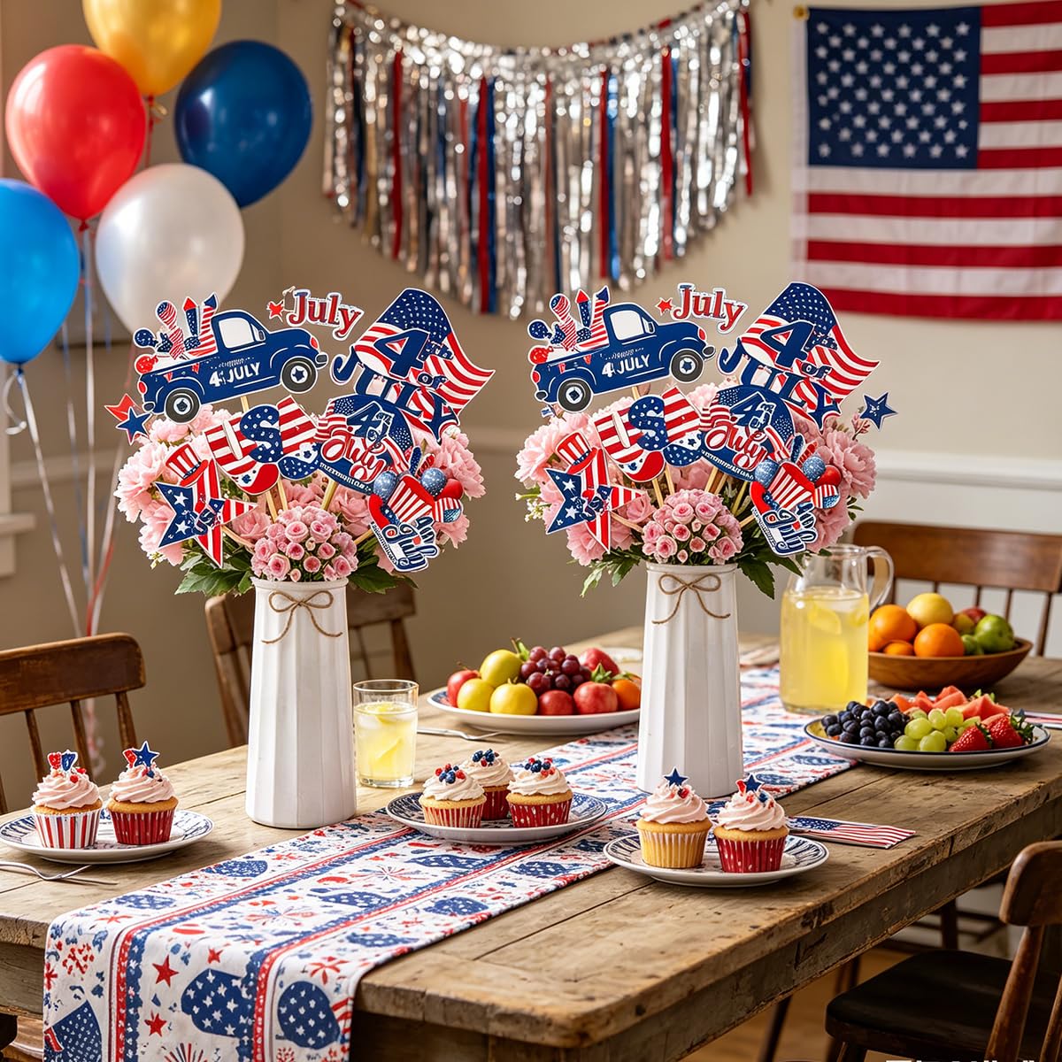 12 Pcs 4th of July Centerpiece Sticks Floral Picks Red White Blue American Flag Truck Stars Stripes Patriotic Cake Bouquet Tabletop Decoration for Independence Day Vase Filler Photo Prop Party