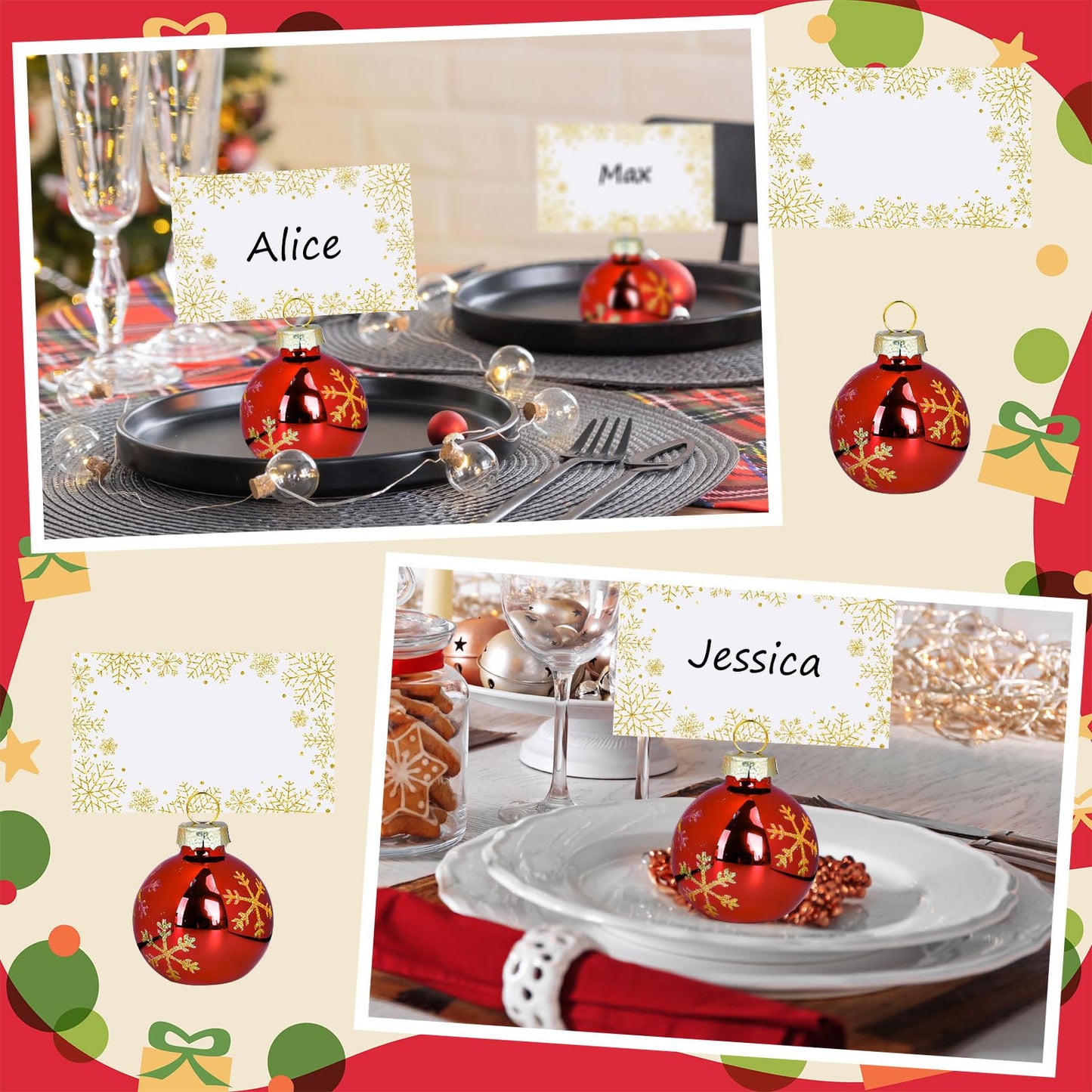 Whaline 12 Packs Christmas Gold Snowflake Ornament Place Card Holders with Name Cards Xmas Red Ball Seat Label Card Holders for Winter Wedding Holiday Table Sign