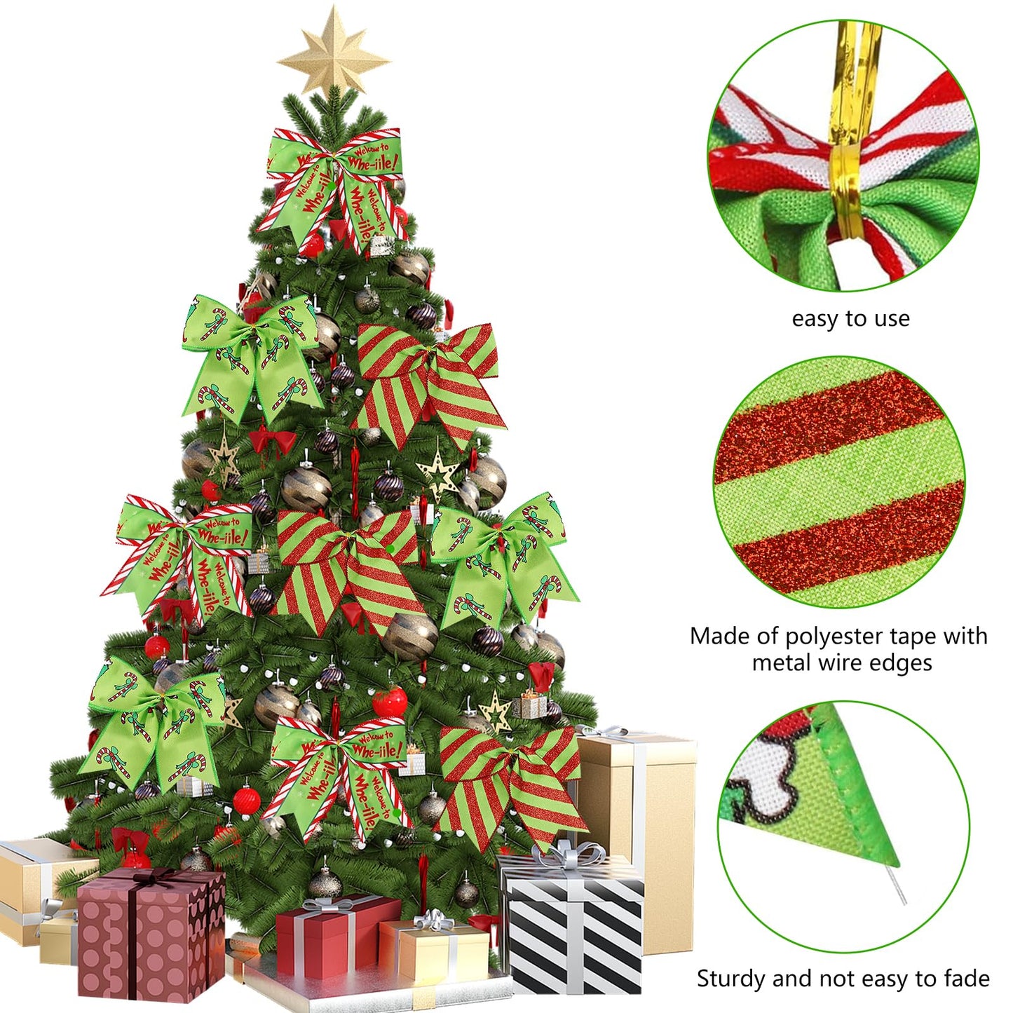12Pcs Christmas Ornaments Bows Christmas Tree Decorations Red Green 6" Large Wreaths Bows for Gifts Wrapping Holiday Party Xmas Decor