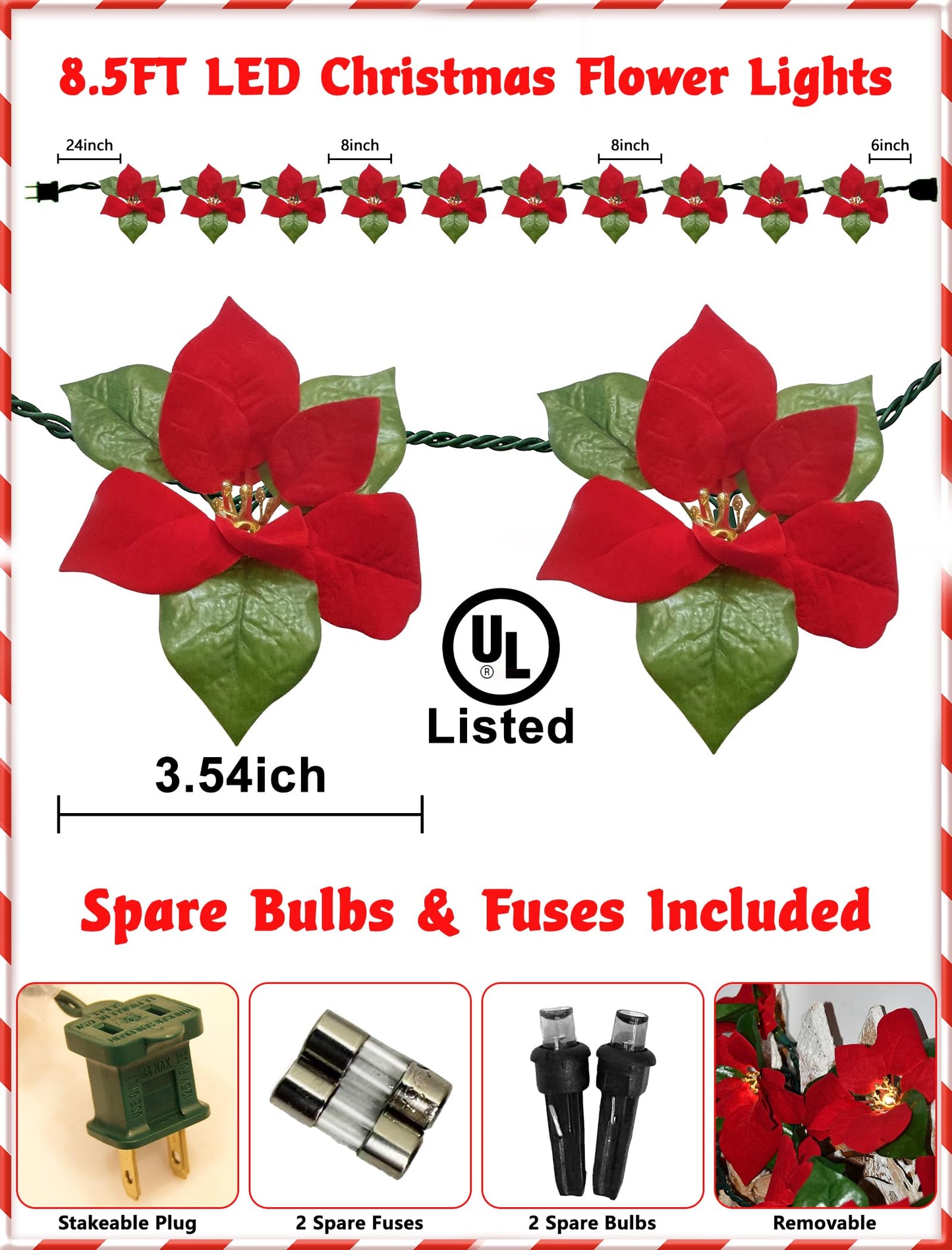 SUNSGNE 8.5FT LED Flower String Lights, Red and Green Christmas Flowers Lights with 10 LED Flowers Bulbs for Christmas Tree, Fireplace, Staircase, Walls