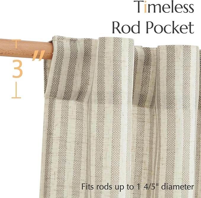 jinchan Striped Linen Kitchen Curtains 54 Inches Short Curtains Farmhouse Modern Cafe Style Window Treatments Airy Light Filtering Rod Pocket for Living Room Bathroom 2 Panels Taupe Grey