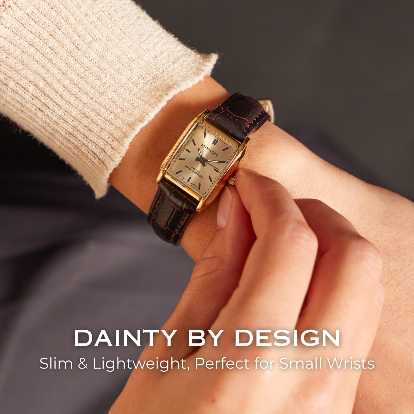 Miykon Gold Vintage Watches for Women - Small Dainty Tank, Square Womens Watch with Brown Genuine Leather Strap - Second Hand, Japanese Quartz, Waterproof to 100ft