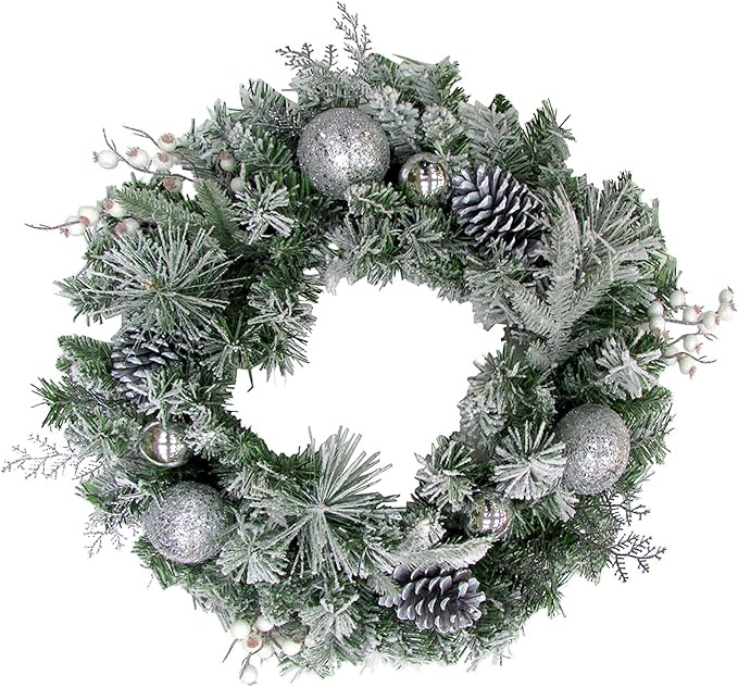 Fraser Hill Farm 24" Christmas Frosted Wreath Door Hanging with Ornaments, Pinecones, and Berries, Artificial Holiday Hanging Decoration for Door, Wall, Mantel