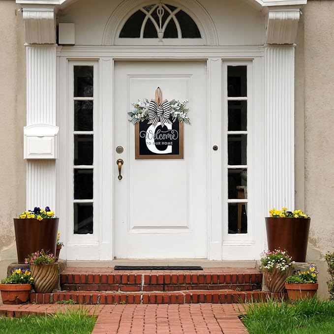 Ultra Large 14'' Last Name All Year Round Front Door Wreath with 26 Initial Letter Welcome Sign All Seasons Eucalyptus Garland and Bow Wreaths for Front Door Porch Farmhouse Decoration (C)