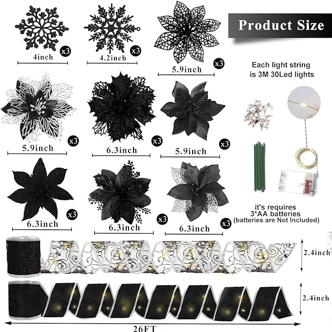 RECUTMS 72Pcs Christmas Tree Ornaments - Snowflake, Poinsettias Xmas Black Glitter Artificial Flowers Light Ribbon Clips for Wreath & Tree Decor (Black)