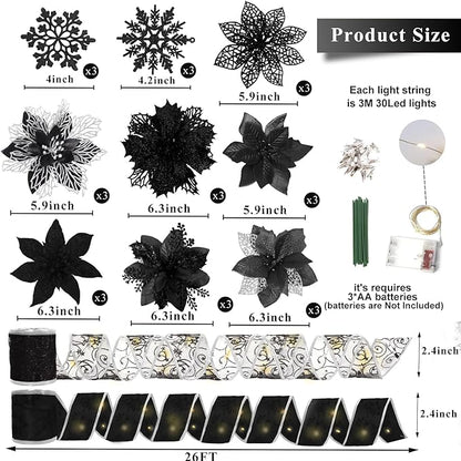 RECUTMS 72Pcs Christmas Tree Ornaments - Snowflake, Poinsettias Xmas Black Glitter Artificial Flowers Light Ribbon Clips for Wreath & Tree Decor (Black)