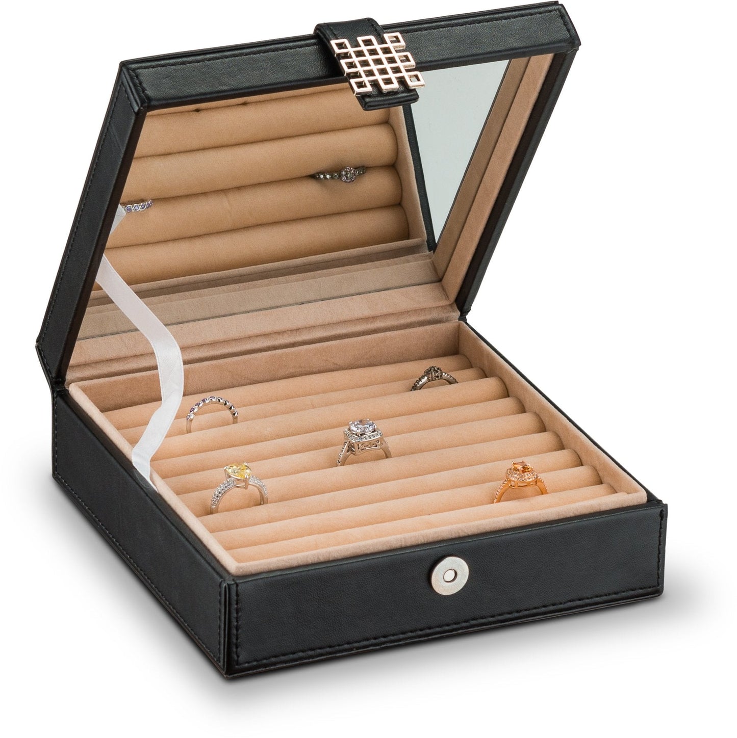 Glenor Co Ring Box Organizer - 54 Slot Classic Jewelry Display Case Holder - Storage Tray with Modern Buckle Closure, Large Mirror - for Rings and Cufflinks - Small for Travel - PU leather - Black