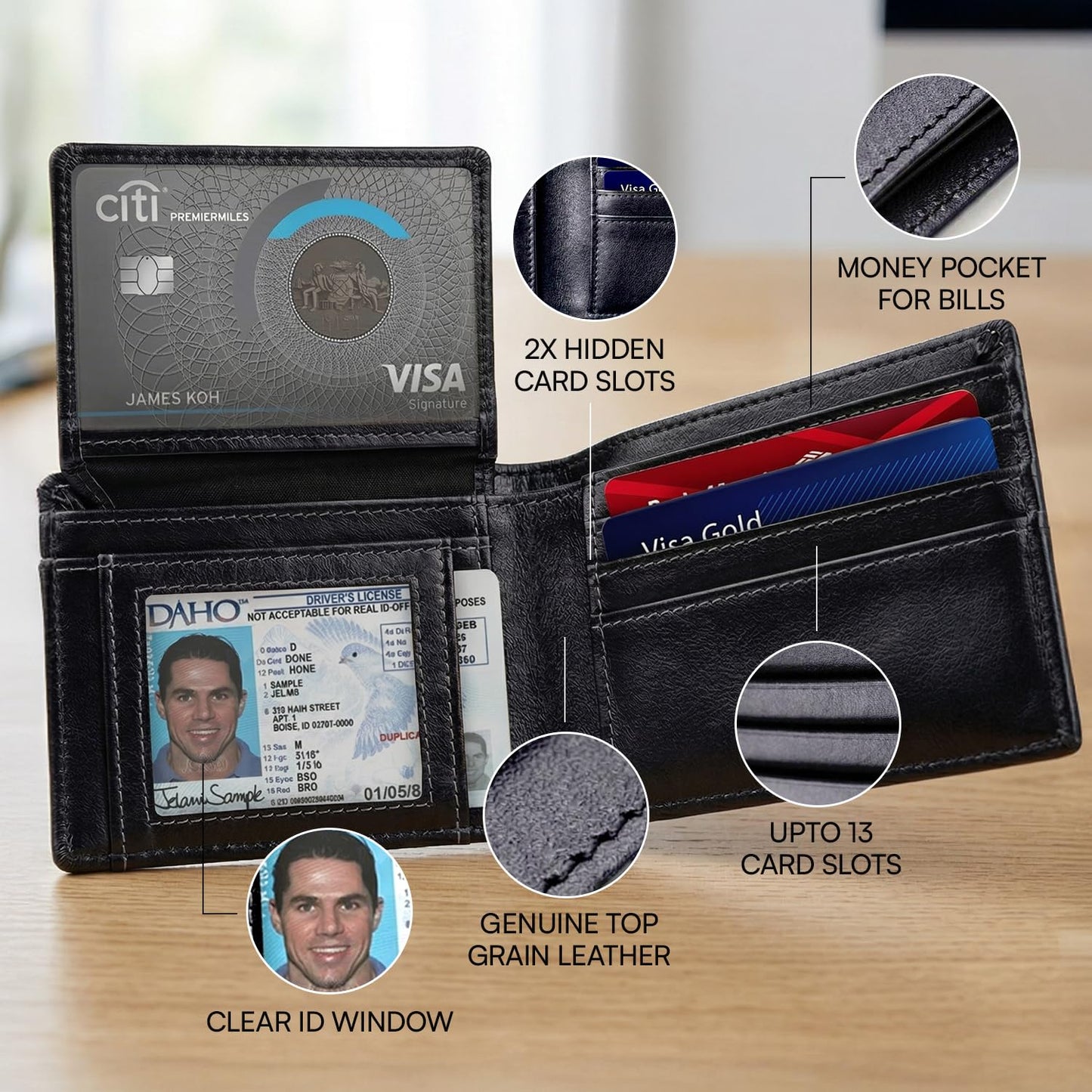Cuir Jackets Top Grain Leather Wallet for Men | RFID Blocking Genuine Leather Wallets for Men | Secure and Durable Extra Capacity Bifold Wallet with 2 ID Windows and Upto 9 Card Slots (Black)