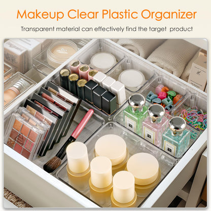 Criusia Drawer Organizer, 10 Pack Large Clear Plast Set, 3 Size Versatile Bathroom and Vanity Organizer Trays, Storage Bins for Makeup, Bedroom, Kitchen Utensils