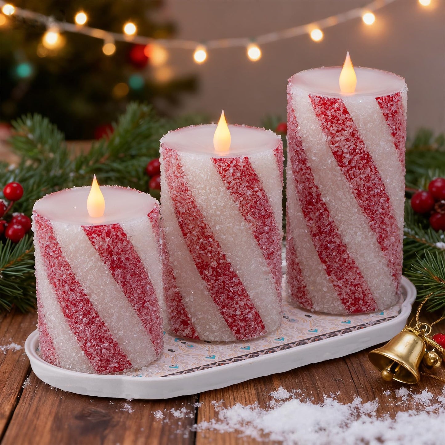 3 Pcs Christmas Candy Cane Stripe Flameless Candles, Real Wax Red &White Glitter Striped LED Pillar Candles with Battery Operated Flickering Flame for Xmas Party, Wedding, Home Decoration D3 x H4"5"6"