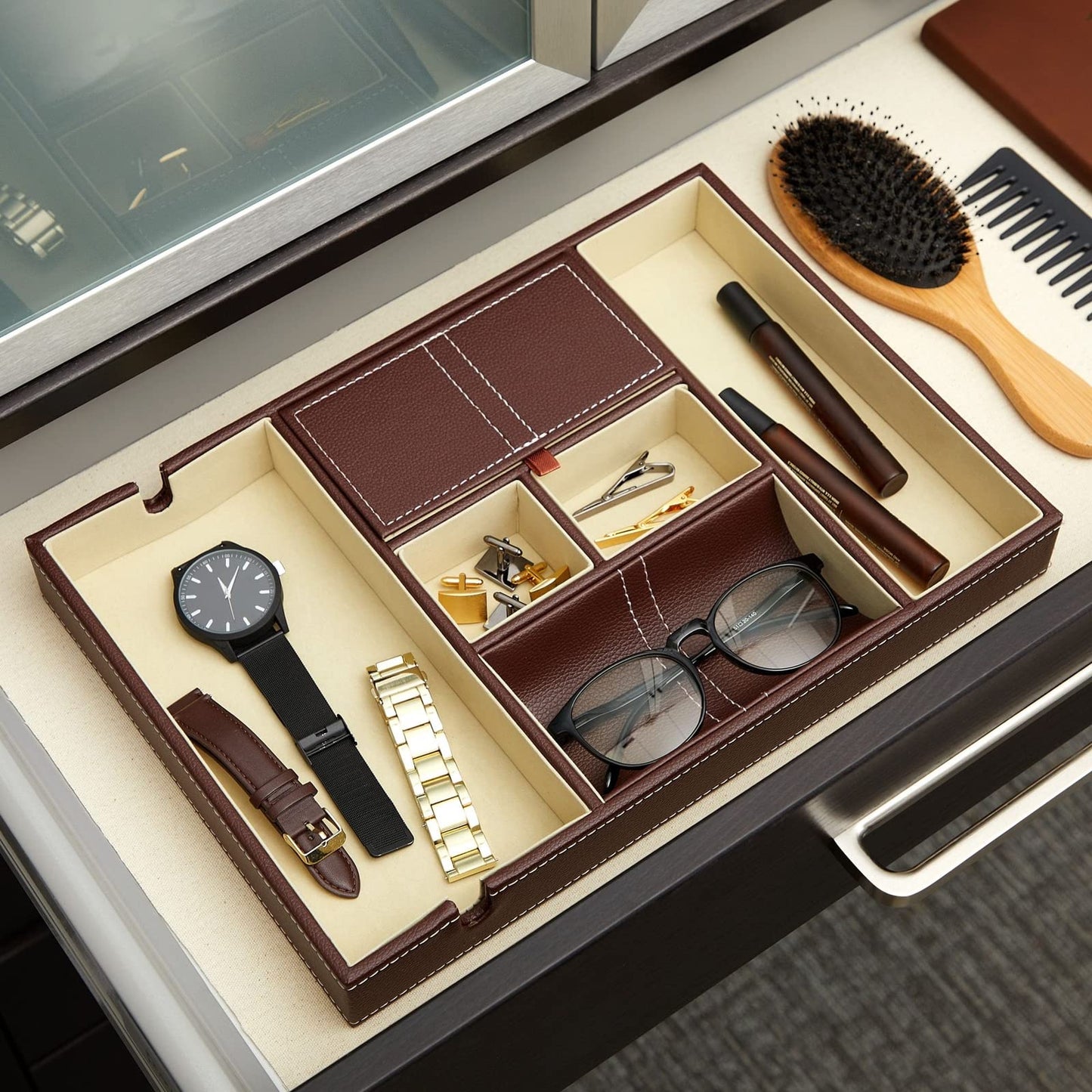 Juvale Rectangular Catchall Tray - 6-Compartment Nightstand Organizer - Polished Key Bowl - Portable Drawer Organizer - Brown Faux Leather