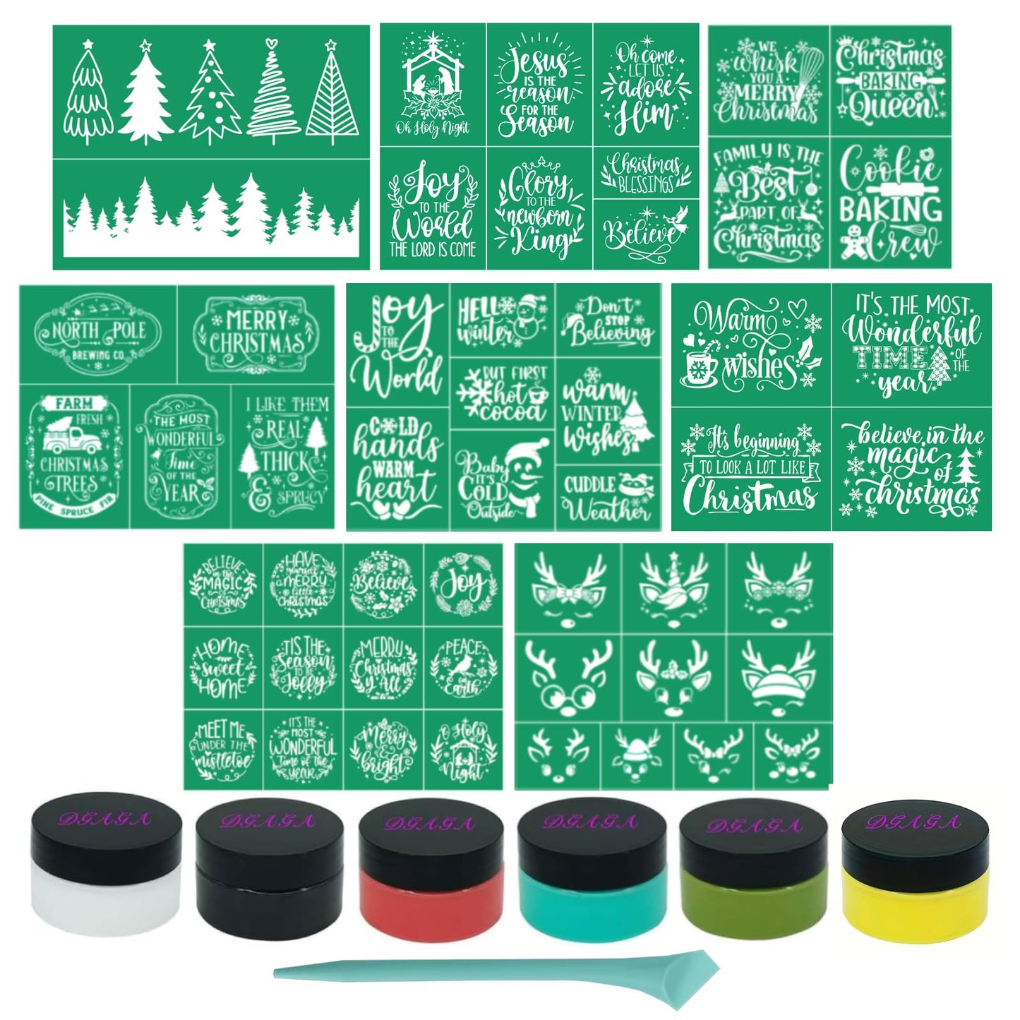 DGAGA 15 PCS Christmas Silk Screen Stencils and Chalk Paste Mesh Transfers Chalk Ink Xmas Reusable Self Adhesive Silk Screen Printing Stencil for Painting on Wood,Christmas Tree Sign Home Decor