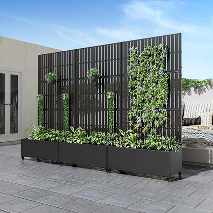 Casaphoria Metal Raised Garden Bed with Trellis and Wheels, 72"x35"x16" Planter Box for Climbing Plants, Vegetables & Vines, Features Drainage Holes and Privacy Screen (Black-Fence)