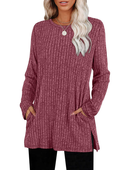 SAMPEEL Womens Sweaters Crewneck Long Sleeve Shirts with Pockets Fall Outfits 2025 Fashion Winter Clothing Side Slit