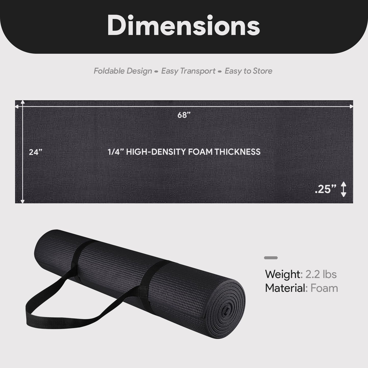 Fitvids 1/4-Inch High Density Thick Non Slip Yoga Mat with Knee Pad and Carrying Strap for Workout, Pilates, Gym Home Exercise, Black