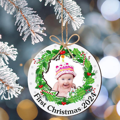 Blulu 24 Pcs Baby First Christmas Photo Ornament 2025 Christmas Pictures Frame Bulk Christmas Hanging Picture Frames Wooden for Xmas Tree Baby Gifts Keepsake