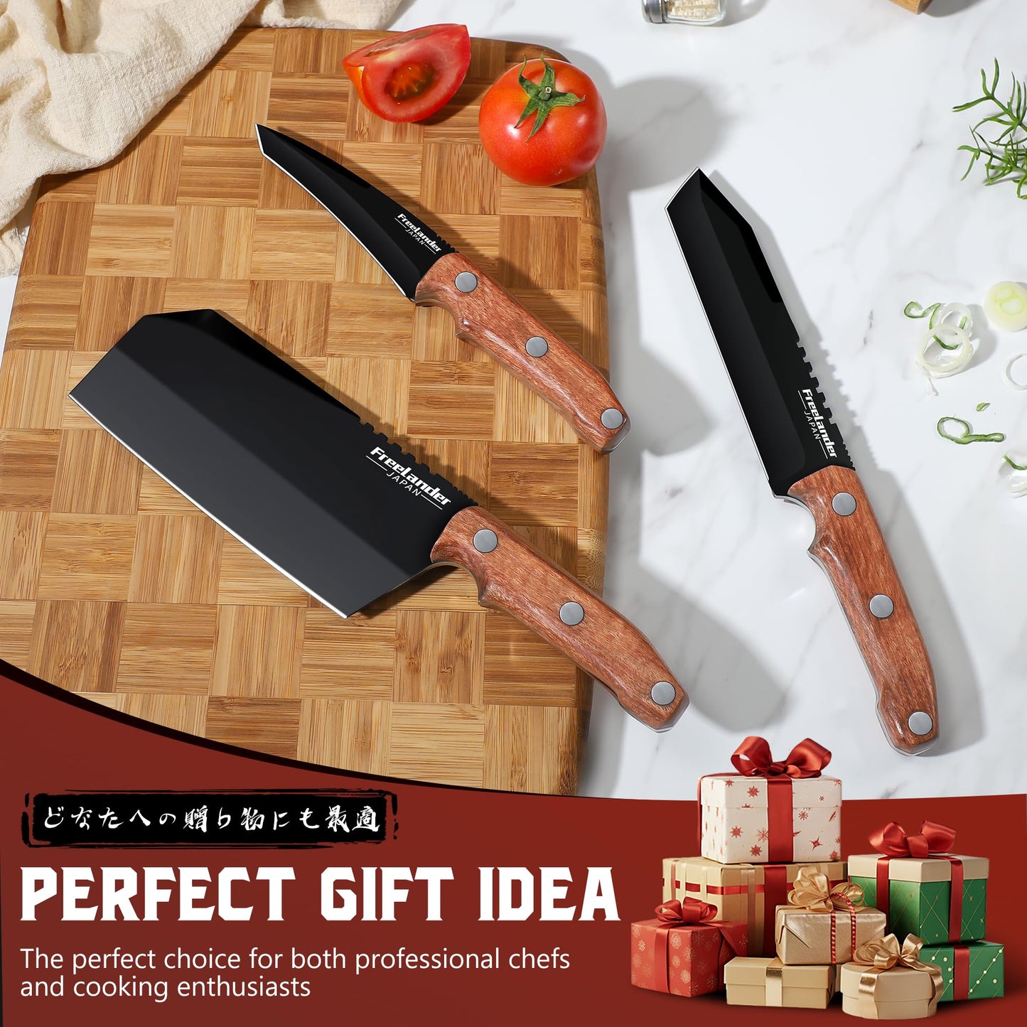Freelander Butcher Knife Set 3 PCS, Japanese Chef Knife Set with Roll Bag, Full Tang Meat Cleaver for Kitchen & Camping & BBQ, Gift for Men
