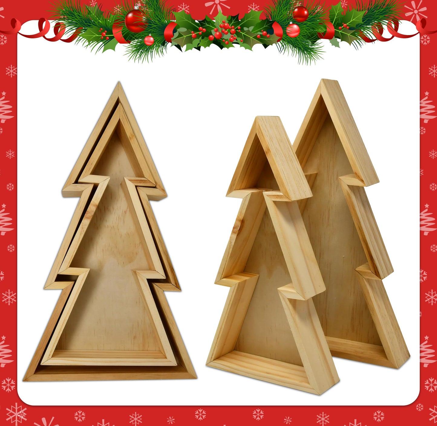 Gift Boutique Wooden Christmas Tree Trays – Set of 2 Nested Decorative Serving Trays for Holiday Parties, Snacks, Appetizers, and Festive Table Display