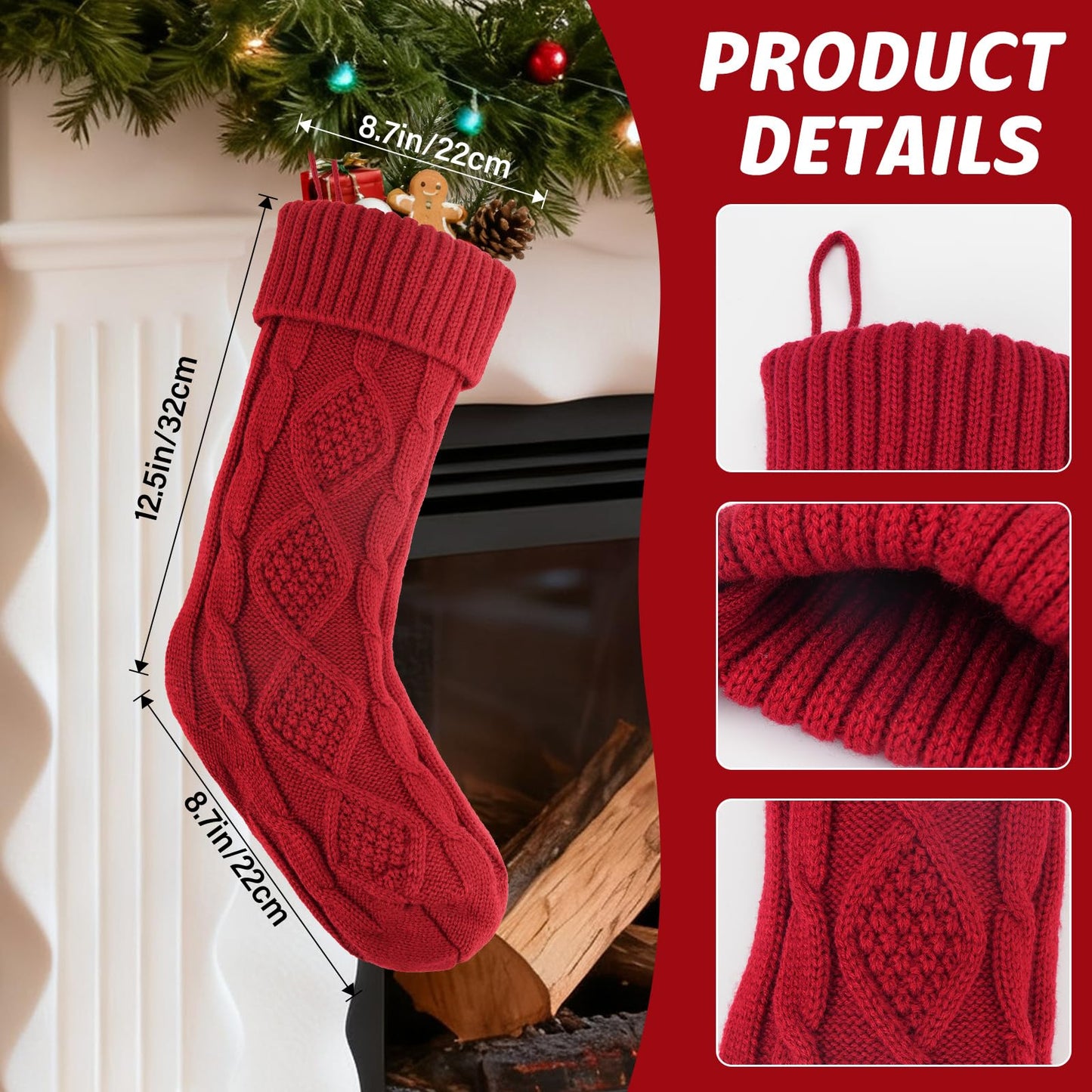 Suranew Christmas Stockings, Personalized Christmas Stockings 18 Inches Large Size Cable Knitted Stocking Gifts in Red, White, Green
