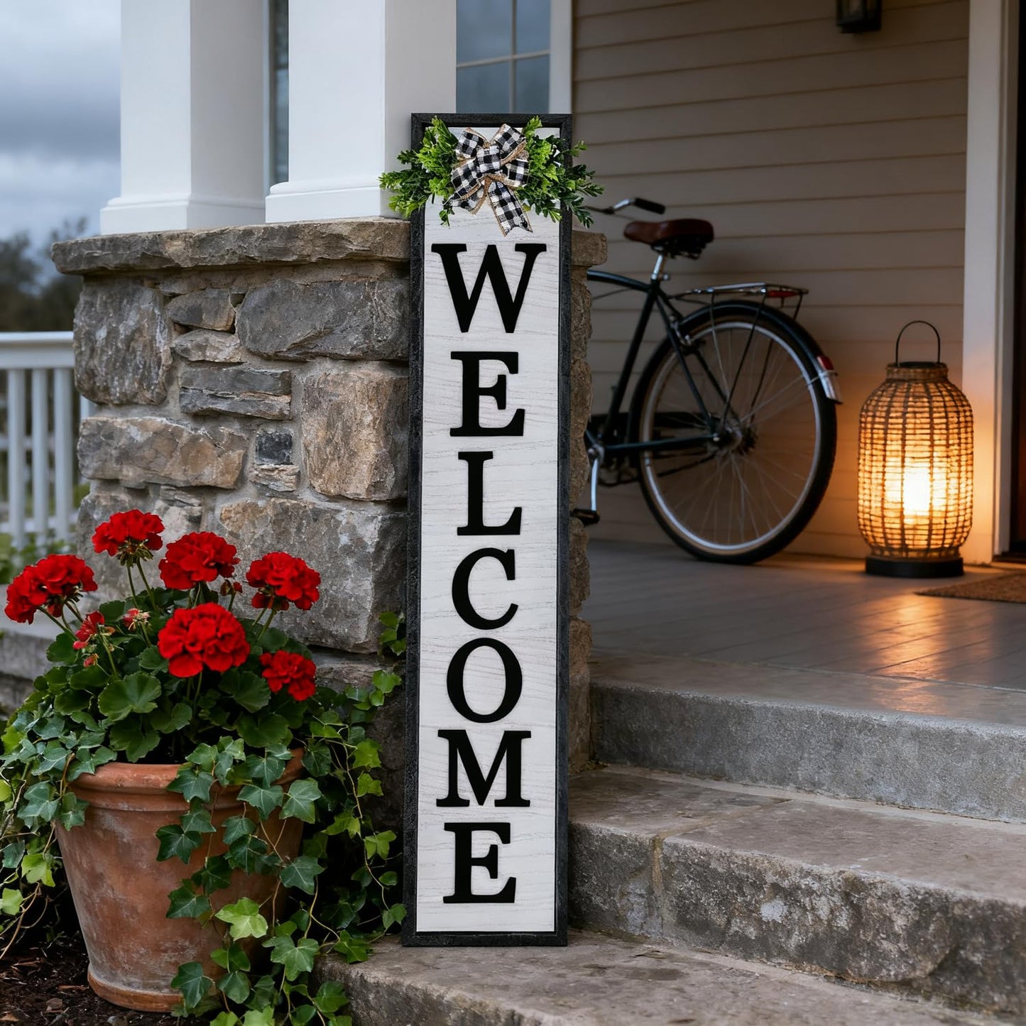 3D Outdoor Welcome Sign for Front Porch Standing 45"X9" Large Rustic Farmhouse Leaner Tall Vertical Soild Wooden Framed Plaque Modren Beautiful Outside Home Front Door Decorations (Black)